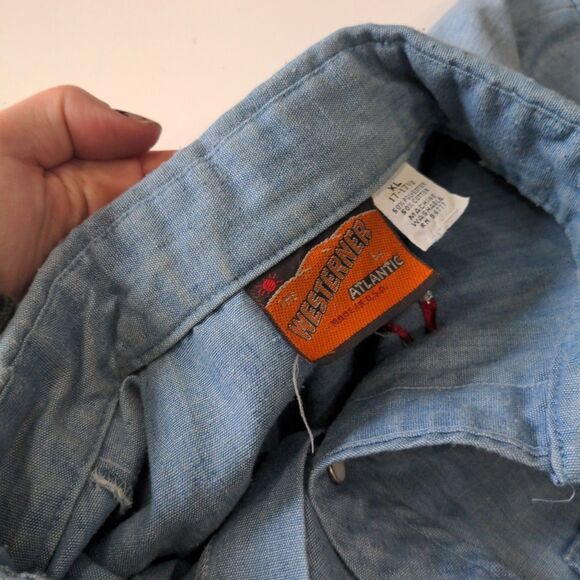 VTG Westerner Mens Denim Button Up LS Shirt Size XL Blue Embroidered Bull Rodeo - Picture 8 of 13